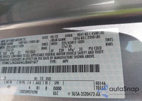 2022 Ford Escape Se z USA, uszkodzony, nr VIN 1FMCU9G66NUB60167